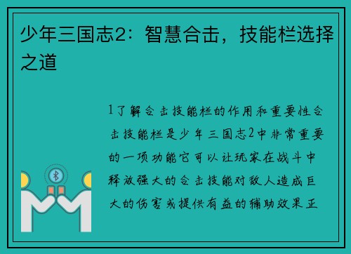 少年三国志2：智慧合击，技能栏选择之道