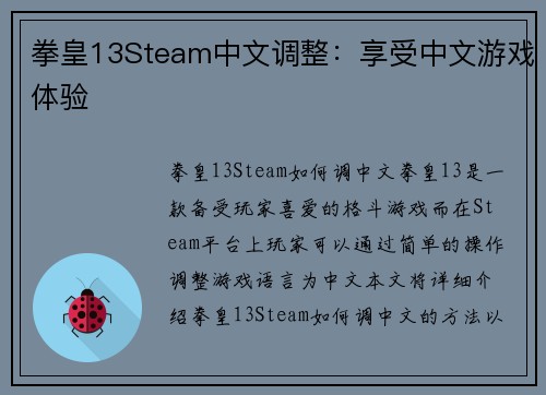 拳皇13Steam中文调整：享受中文游戏体验